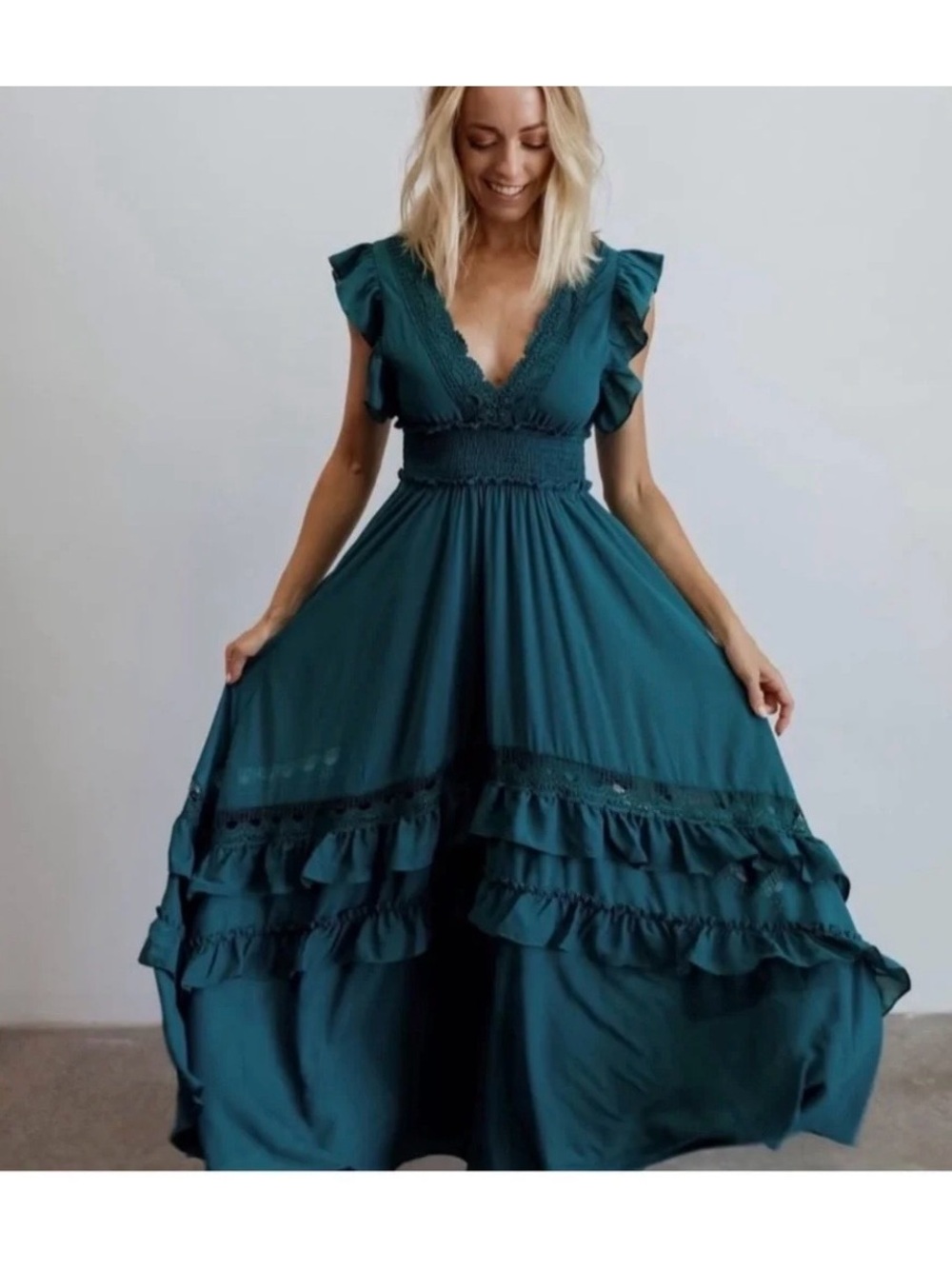 Baltic Born Teal Ruffle Maxi Dress with Smocked Waist